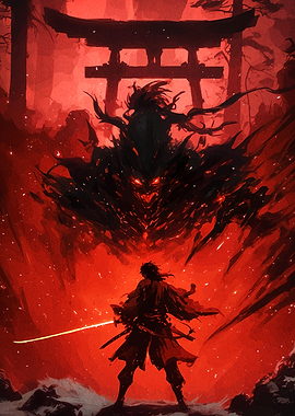 Samurai vs Demon under Torii Gate