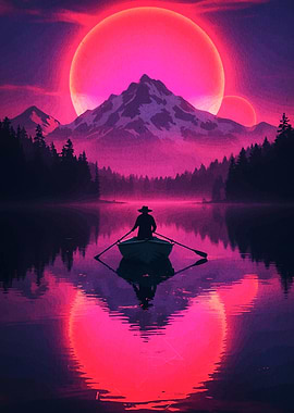 Rowboat on Lake with Pink Moons