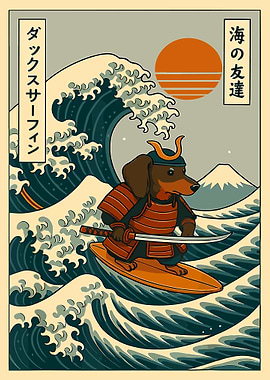 Samurai Dachshund Poster, Japanese Dog Art Print, Great Wave Style Surf Wall Decor