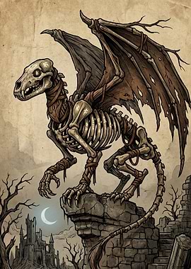 Skeletal Dragon Perched on Ruined Castle