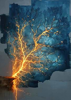 Glowing Tree Against Blue Background
