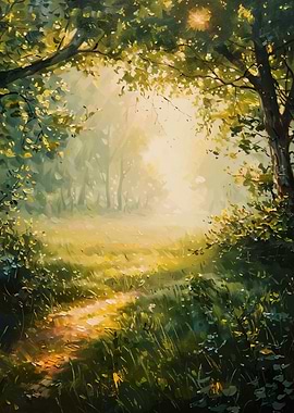 Sunlit Forest Path Painting