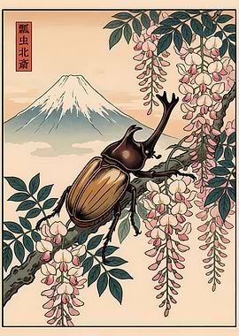 Japanese Beetle and Mount Fuji Art