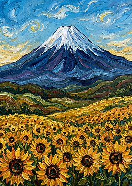 Mount Fuji and Sunflowers Painting
