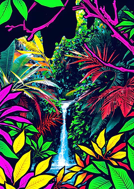 Vibrant Tropical Waterfall Digital Art