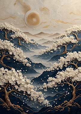 Cherry Blossom Valley – Nature Asie Gilded Zen Relief Art