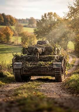 Camouflaged Tank on a Dirt Road