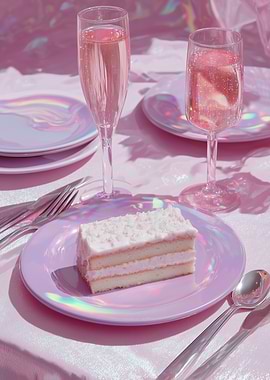 Pink Dessert Table with Cake and Champagne
