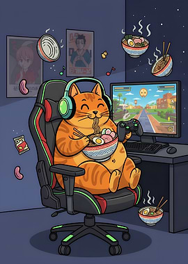 Gamer Cat Eating Ramen Illustration