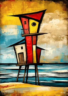 Primal Watch — Abstract Expressionist Beach Tower