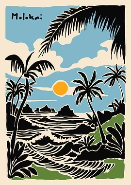 Molokai Island Beach Scene Illustration