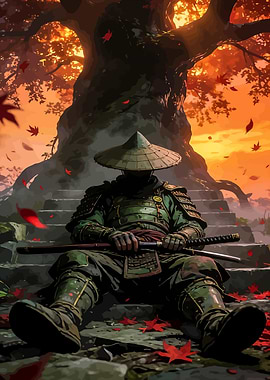 Samurai under autumn tree