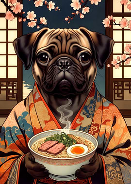 Pug in Kimono with Ramen