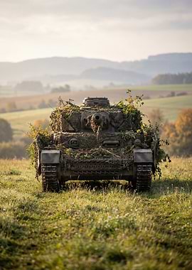 Camouflaged Tank in Grassy Field