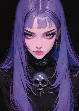 Purple-haired girl with skull pendant