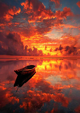 Fiery Sunset Boat Reflection