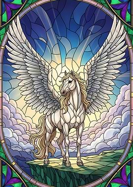 Stained Glass Pegasus with Wings Spread