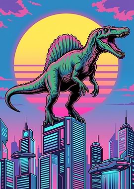 Spinosaurus in Neon Cityscape