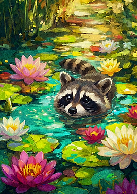 Raccoon in Lily Pond Painting