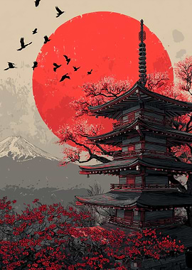 Japanese Pagoda with Rising Sun Art