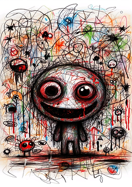 Creepy Smiling Character with Chaotic Background