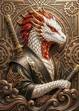 Art Deco Dragon Samurai in Bronze and Gold