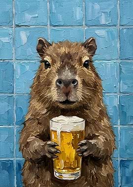 Capybara with Beer Painting