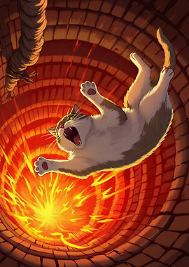 Cat falling into a fiery pit