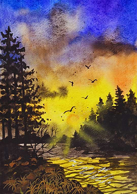 Watercolor Sunset Landscape with Birds