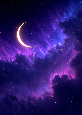 Crescent Moon in a Starry Nebula