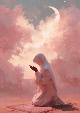 Muslim Prayer Under Crescent Moon