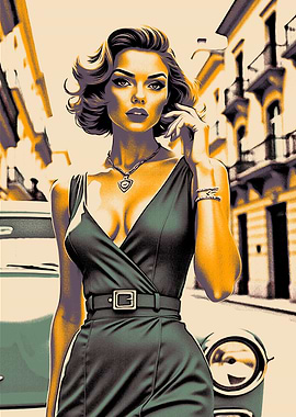 Elegant Woman in Cityscape with Car