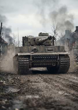 Tiger Tank in War-Torn Landscape