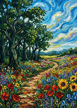 Impressionistic Floral Path Landscape Painting