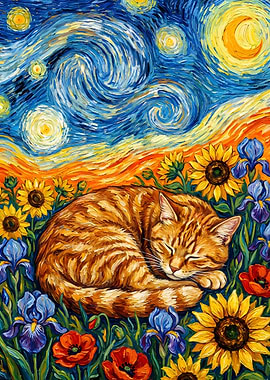 Cat Sleeping in Starry Night Flowers