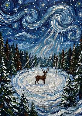 Winter Deer in Starry Night Painting