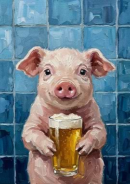 Pig with Beer Painting