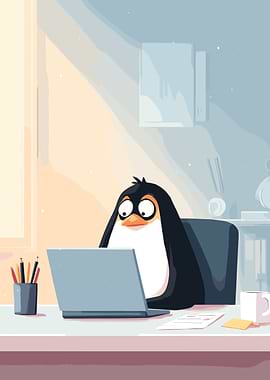 Cartoon Penguin Working on Laptop