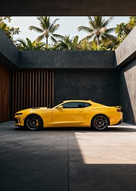 Yellow Chevrolet Camaro in Modern Garage