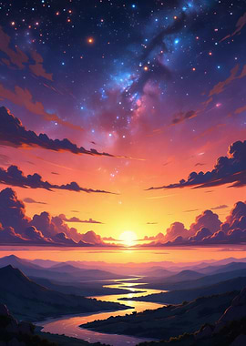 Sunset Landscape with River and Stars