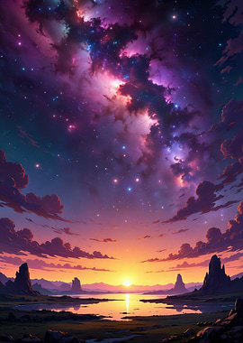Fantasy Landscape with Nebula and Sunset