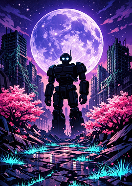Robot in Ruined City with Moon