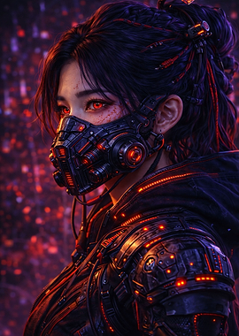 Cyberpunk Girl with Mask and Red Eyes
