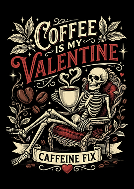 Coffee Is My Valentine Poster, Skeleton Coffee Art Print, Gothic Cafe Wall Decor
