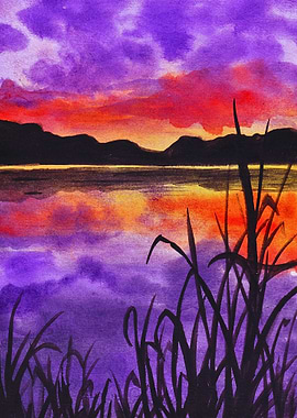 Watercolor Sunset Landscape with Reeds