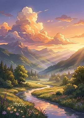 Serene Mountain Landscape with River