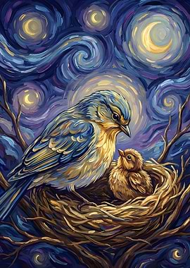 Bird and Chick in Nest Painting