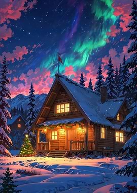 Winter Cabin Under Aurora Borealis