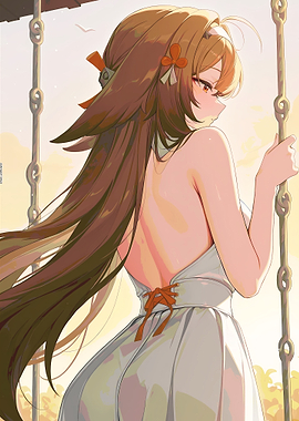 Anime Girl on Swing in Summer Dress