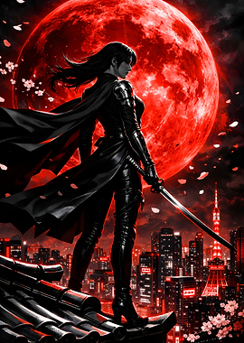 Warrior Woman with Katana and Red Moon